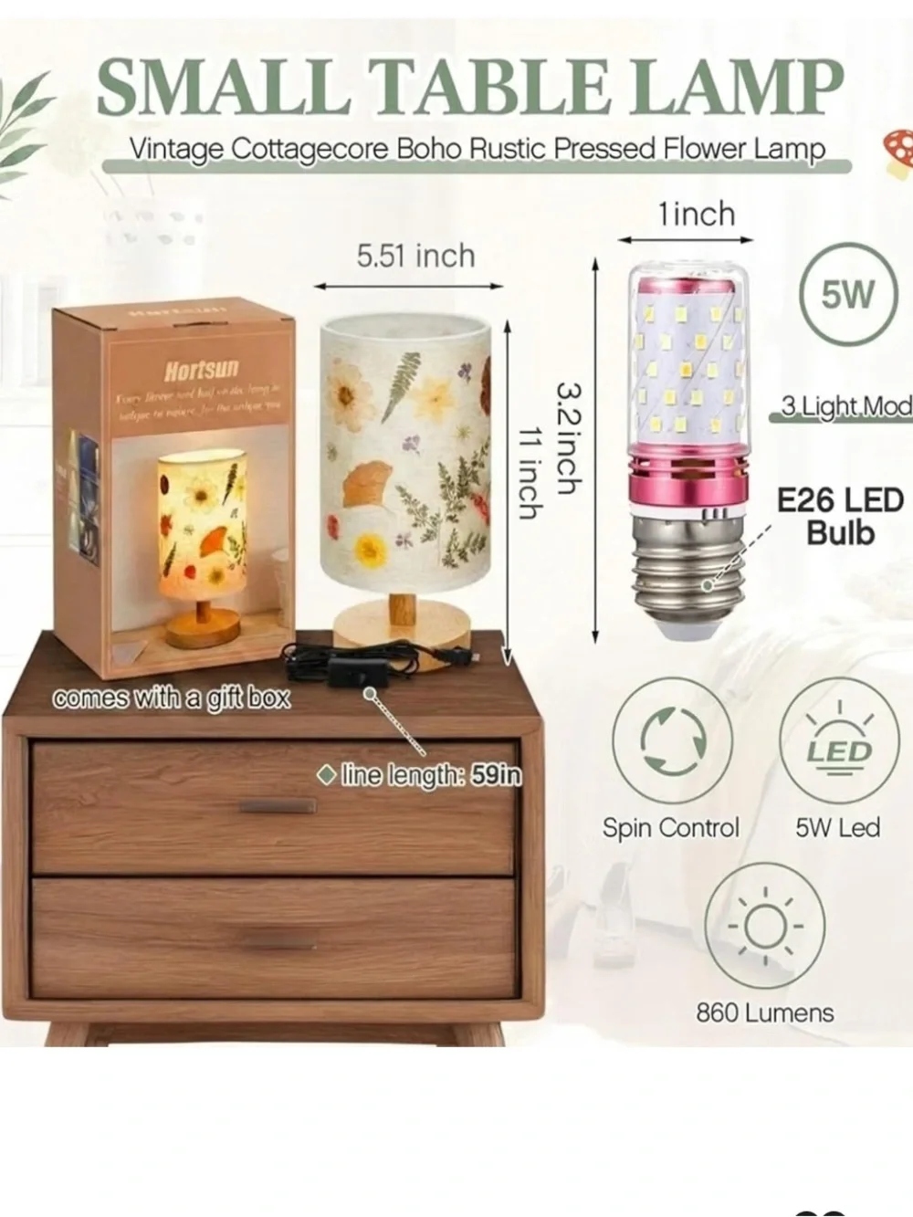 Pressed Flower Wood-Base Table Lamp - New in Box